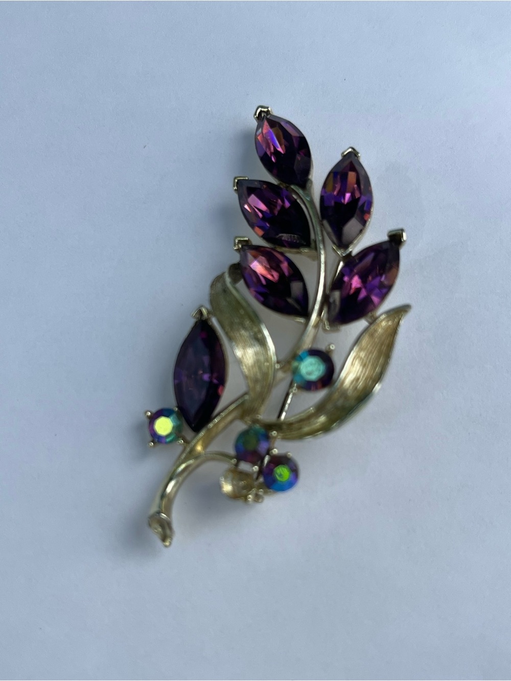 Vintage Lisner Purple Crystal Leaf Brooch